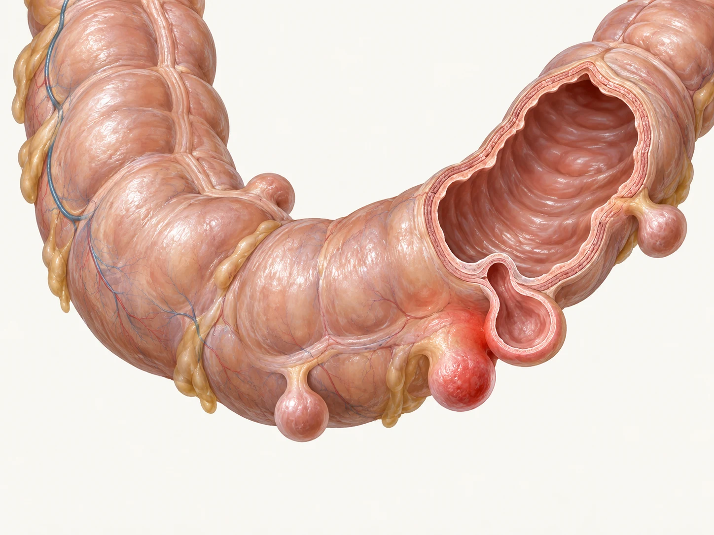 Segmento de colon con divertículos e inflamación localizada.