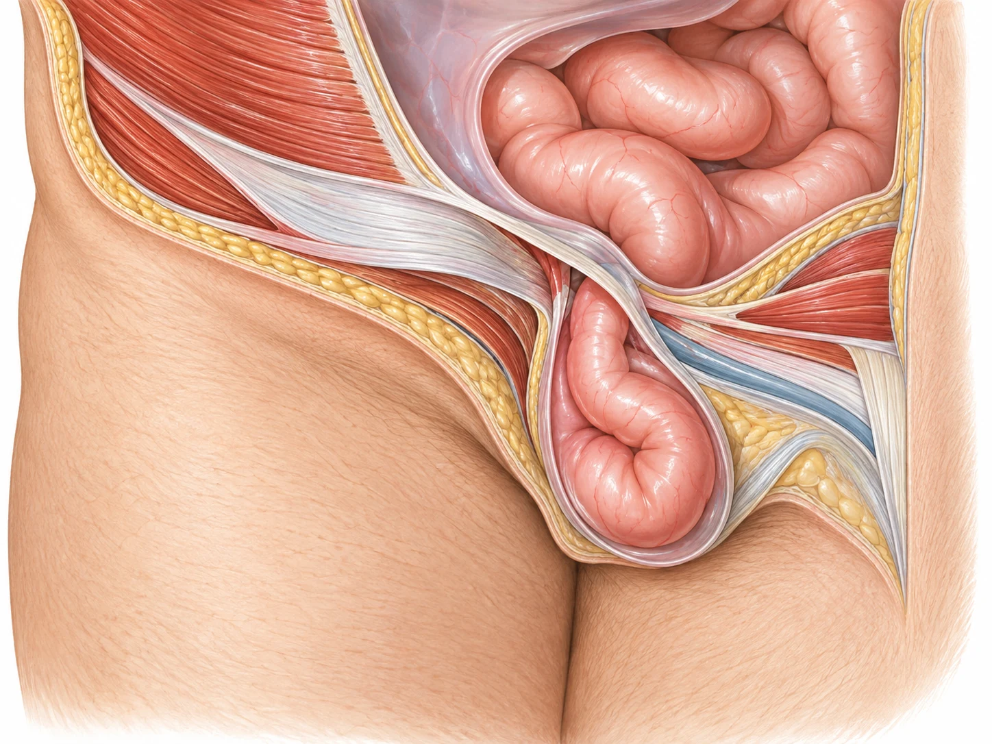 Pared abdominal: representación de una hernia inguinal.