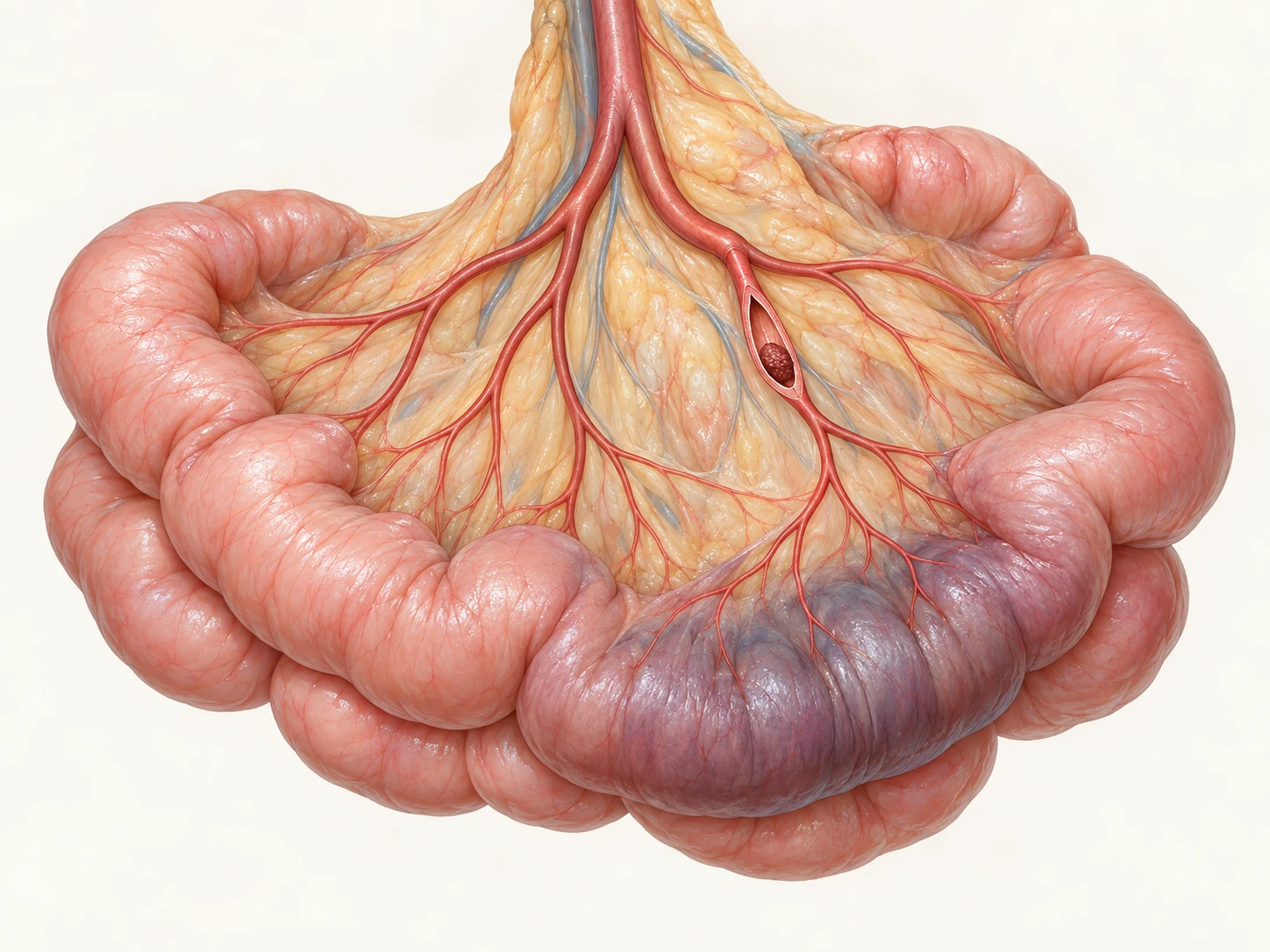 Intestino y vasos mesentéricos: representación de irrigación comprometida.
